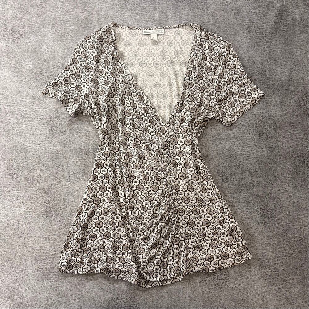 Cream Geometric Floral Ruched Wrap Blouse